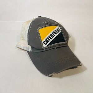 Caterpillar Gray and Yellow Distressed Snapback Trucker Hat